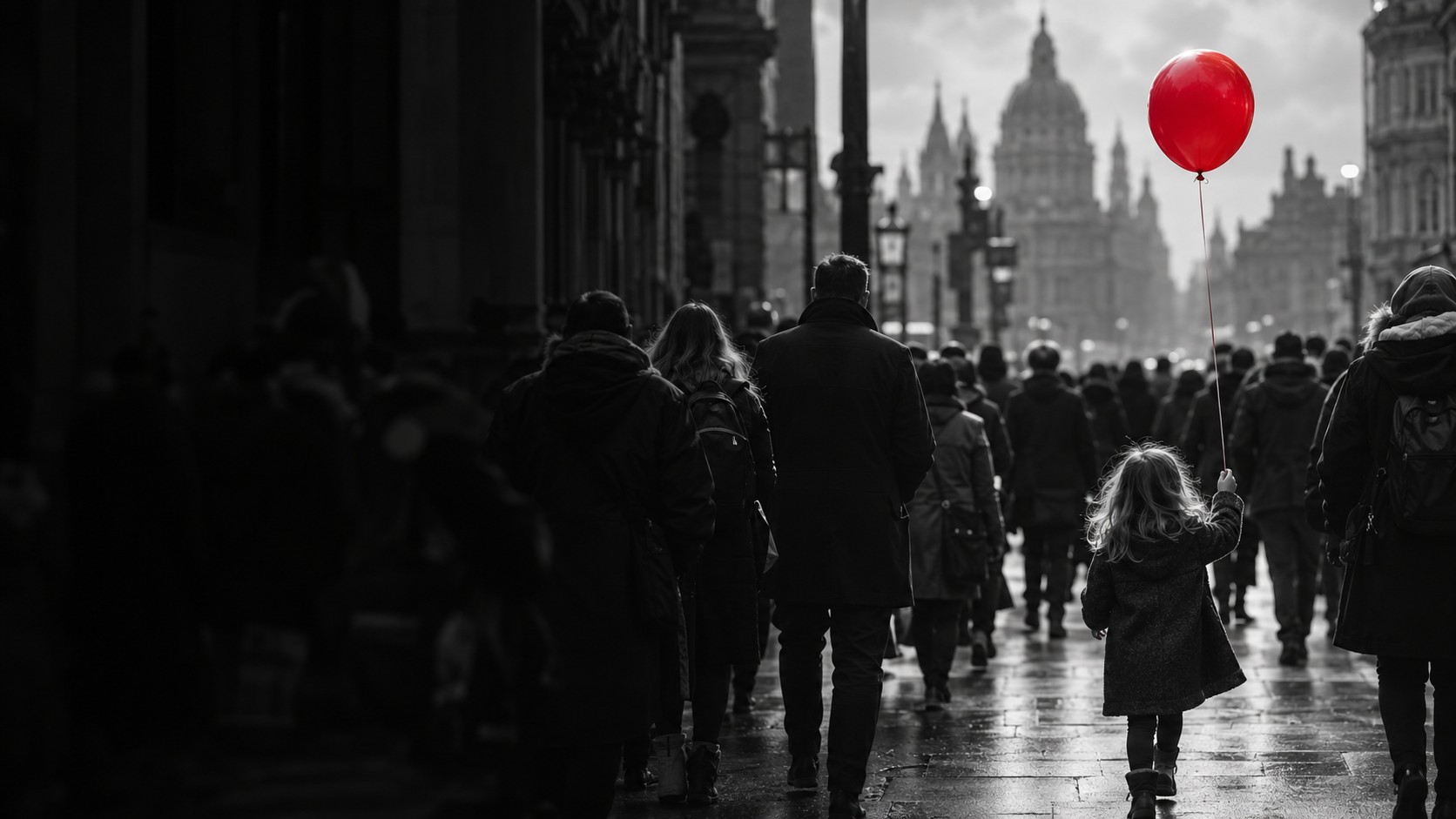 A girl holding a red balloon walks through a city crowd
